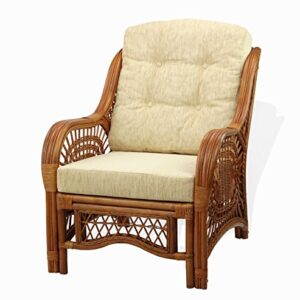 Malibu Lounge Living Accent Armchair Natural Rattan Wicker Handmade Design with Cream Cushion, Colonial