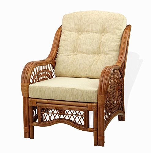 Malibu Lounge Living Accent Armchair Natural Rattan Wicker Handmade Design with Cream Cushion, Colonial