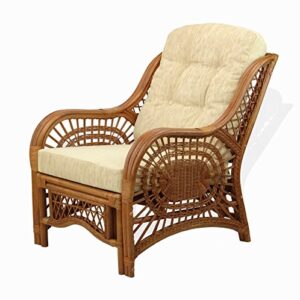 Malibu Lounge Living Accent Armchair Natural Rattan Wicker Handmade Design with Cream Cushion, Colonial