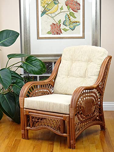 Malibu Lounge Living Accent Armchair Natural Rattan Wicker Handmade Design with Cream Cushion, Colonial