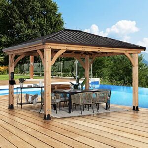 backyard discovery barrington 14 ft. x 12 ft. hip roof cedar wood gazebo, shade, rain, hard top steel metal roof, all weather protected, wind resistant up to 100 mph, holds up to 6500 lbs