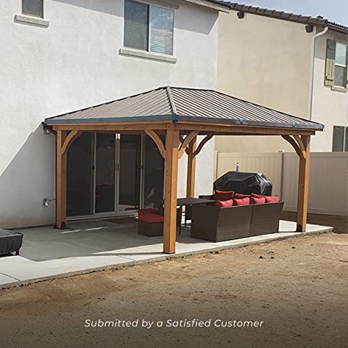 Backyard Discovery Barrington 14 ft. x 12 ft. Hip Roof Cedar Wood Gazebo, Shade, Rain, Hard Top Steel Metal Roof, All Weather Protected, Wind Resistant up to 100 mph, Holds up to 6500 lbs