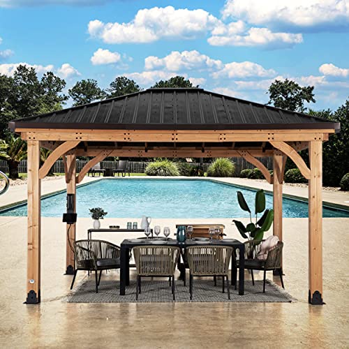 Backyard Discovery Barrington 14 ft. x 12 ft. Hip Roof Cedar Wood Gazebo, Shade, Rain, Hard Top Steel Metal Roof, All Weather Protected, Wind Resistant up to 100 mph, Holds up to 6500 lbs