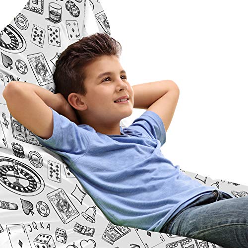 Lunarable Casino Lounger Chair Bag, Hand Drawn Style Monochrome Pattern with Roulette Cards Cigar Whisky Chip Money, High Capacity Storage with Handle Container, Lounger Size, Black White