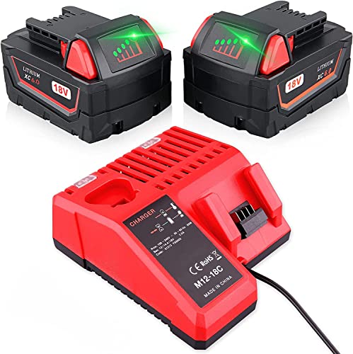 Masione 2Pack 6.0Ah Replacement for Milwaukee M18 Battery Charger Combo Compatible with Milwaukee Batteries 48-11-1852 48-59-1850 48-11-1850