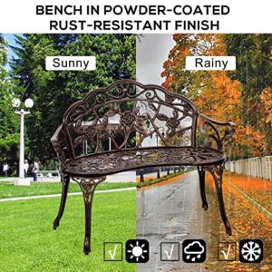 NChanmar Patio Bench, Garden Bench Outdoor Bench Metal Bench for Patio, Park, Lawn, Decor Deck w/Floral Rose Accent, Antique Finish(Bronze)