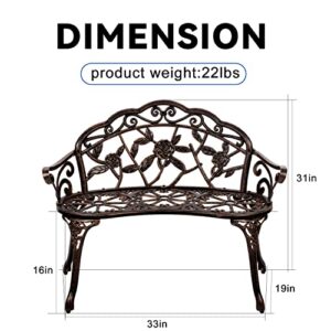 NChanmar Patio Bench, Garden Bench Outdoor Bench Metal Bench for Patio, Park, Lawn, Decor Deck w/Floral Rose Accent, Antique Finish(Bronze)