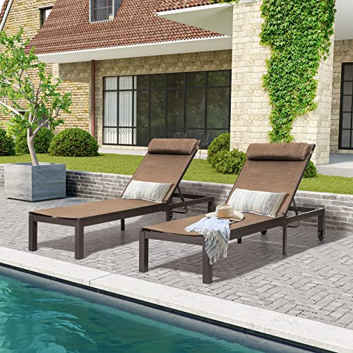 Crestlive Products Patio Chaise Lounge, Aluminum Adjustable Outdoor Lounge Chairs with Headrest & Wheels, Six-Position & Easy Move Recliner, All Weather for Poolside, Beach, Yard