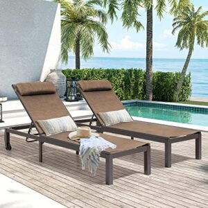 Crestlive Products Patio Chaise Lounge, Aluminum Adjustable Outdoor Lounge Chairs with Headrest & Wheels, Six-Position & Easy Move Recliner, All Weather for Poolside, Beach, Yard