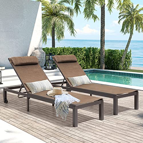 Crestlive Products Patio Chaise Lounge, Aluminum Adjustable Outdoor Lounge Chairs with Headrest & Wheels, Six-Position & Easy Move Recliner, All Weather for Poolside, Beach, Yard