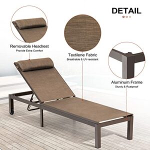 Crestlive Products Patio Chaise Lounge, Aluminum Adjustable Outdoor Lounge Chairs with Headrest & Wheels, Six-Position & Easy Move Recliner, All Weather for Poolside, Beach, Yard