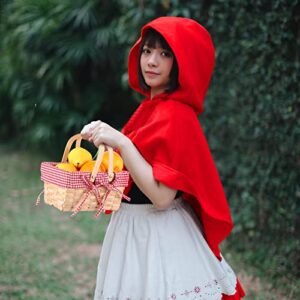 Red Cape, Red Hooded Cape with Small Basket Lined with Gingham Lining, Full Long Velvet Cape with Picnic Basket for Halloween Costume Women