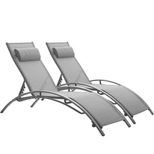 leisurelife adjustable chaise lounge chairs outdoor with pillow, set of 2, grey, aluminum, zero gravity