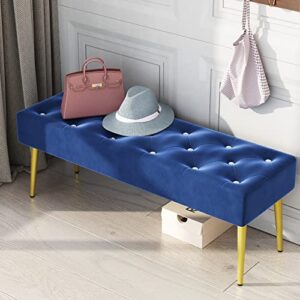 Lamerge Velvet Entryway Bench, Modern Upholstered Tufted Ottoman Stool with Embedded Crystal, Footrest Accent Bench end of Bed Stool for Doorway, Living Room, Lock Room, Bedroom 44"×15"×18" (Blue)