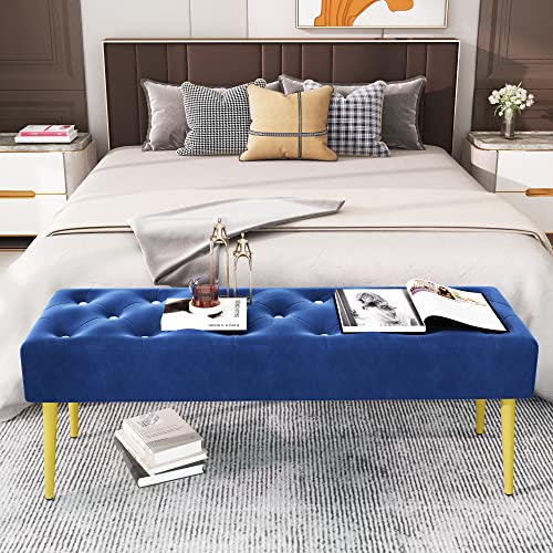 Lamerge Velvet Entryway Bench, Modern Upholstered Tufted Ottoman Stool with Embedded Crystal, Footrest Accent Bench end of Bed Stool for Doorway, Living Room, Lock Room, Bedroom 44"×15"×18" (Blue)