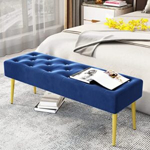 Lamerge Velvet Entryway Bench, Modern Upholstered Tufted Ottoman Stool with Embedded Crystal, Footrest Accent Bench end of Bed Stool for Doorway, Living Room, Lock Room, Bedroom 44"×15"×18" (Blue)