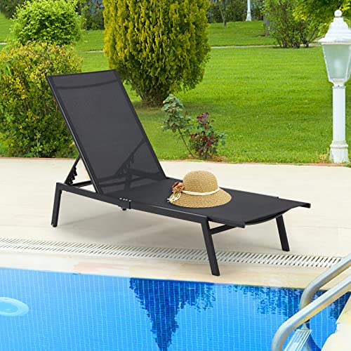 AECOJOY Patio Aluminum Lounge Chairs for Outside,Adjustable Outdoor Chaise Lounge for Outside Pool,Curved Design Pool Lounge Chairs,All Weather for Patio, Beach, Yard, Pool,Black