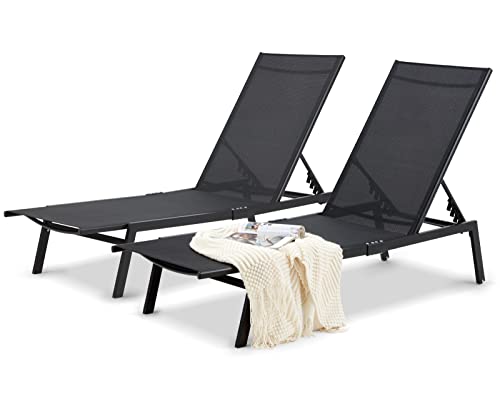 AECOJOY Patio Aluminum Lounge Chairs for Outside,Adjustable Outdoor Chaise Lounge for Outside Pool,Curved Design Pool Lounge Chairs,All Weather for Patio, Beach, Yard, Pool,Black