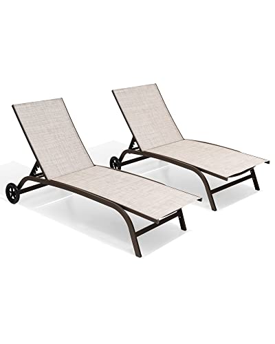 Crestlive Products Aluminum Chaise Lounge Chairs with Wheels Outdoor Adjustable Recliner Five-Position and Full Flat Tanning Chair All Weather for Patio, Beach, Yard, Pool (2PCS Beige)