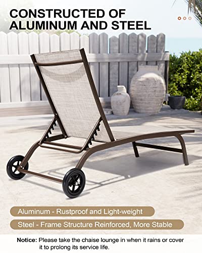 Crestlive Products Aluminum Chaise Lounge Chairs with Wheels Outdoor Adjustable Recliner Five-Position and Full Flat Tanning Chair All Weather for Patio, Beach, Yard, Pool (2PCS Beige)