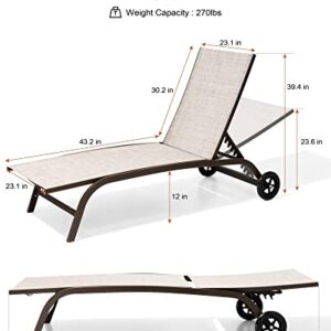 Crestlive Products Aluminum Chaise Lounge Chairs with Wheels Outdoor Adjustable Recliner Five-Position and Full Flat Tanning Chair All Weather for Patio, Beach, Yard, Pool (2PCS Beige)