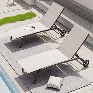 Crestlive Products Aluminum Chaise Lounge Chairs with Wheels Outdoor Adjustable Recliner Five-Position and Full Flat Tanning Chair All Weather for Patio, Beach, Yard, Pool (2PCS Beige)