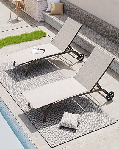 Crestlive Products Aluminum Chaise Lounge Chairs with Wheels Outdoor Adjustable Recliner Five-Position and Full Flat Tanning Chair All Weather for Patio, Beach, Yard, Pool (2PCS Beige)