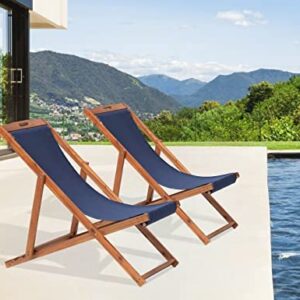 Beach Chair Lounge Chair 2 Set Outdoor Wooden Patio Beach Sling Chair Adjustable Portable Folding Chairs for Outside with Polyester Canvas Lounging Chair for Garden, Backyard, Poolside, Balcony(Blue)