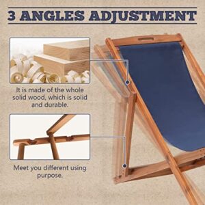 Beach Chair Lounge Chair 2 Set Outdoor Wooden Patio Beach Sling Chair Adjustable Portable Folding Chairs for Outside with Polyester Canvas Lounging Chair for Garden, Backyard, Poolside, Balcony(Blue)