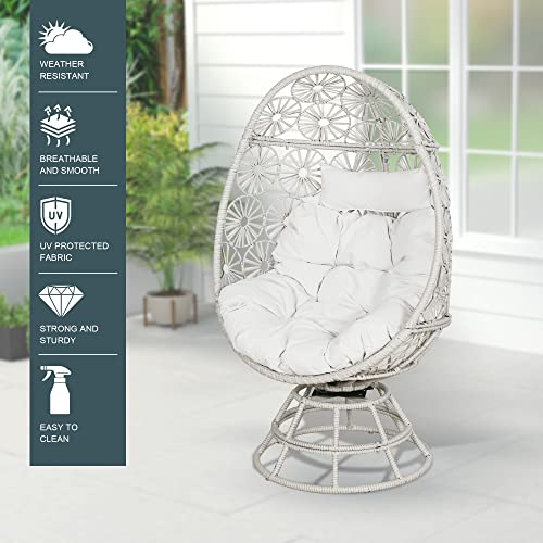 Iwicker Outdoor Wicker 360-Degree Swivel Egg Chair with Beige Cushions, Patio Rattan Basket Egg Chair for Garden Lawn Bedroom