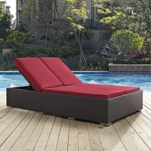 Modway Convene Wicker Rattan Outdoor Patio Upholstered Double Chaise Chair in Espresso Red