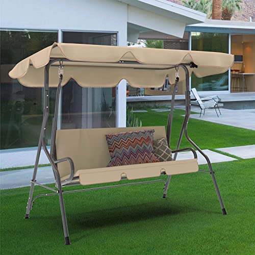 Aoodor Outdoor Patio Porch Swing with Adjustable Canopy, Weather Resistant Glider with Removable Cushions, 3 Seater - Brown