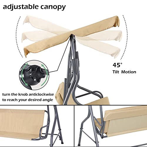 Aoodor Outdoor Patio Porch Swing with Adjustable Canopy, Weather Resistant Glider with Removable Cushions, 3 Seater - Brown