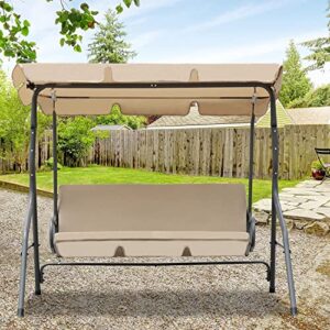 Aoodor Outdoor Patio Porch Swing with Adjustable Canopy, Weather Resistant Glider with Removable Cushions, 3 Seater - Brown