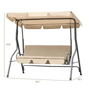 Aoodor Outdoor Patio Porch Swing with Adjustable Canopy, Weather Resistant Glider with Removable Cushions, 3 Seater - Brown