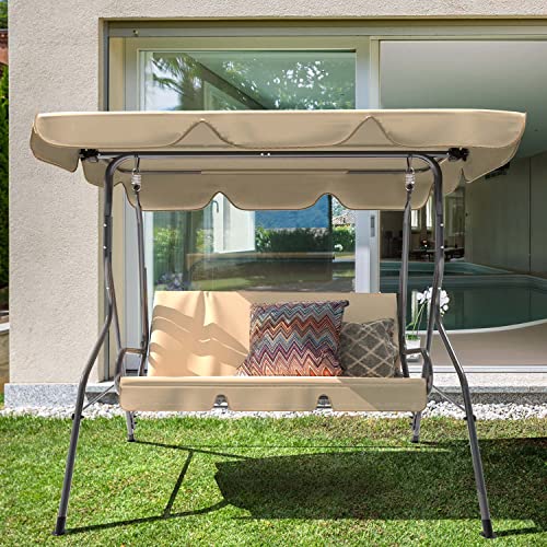 Aoodor Outdoor Patio Porch Swing with Adjustable Canopy, Weather Resistant Glider with Removable Cushions, 3 Seater - Brown