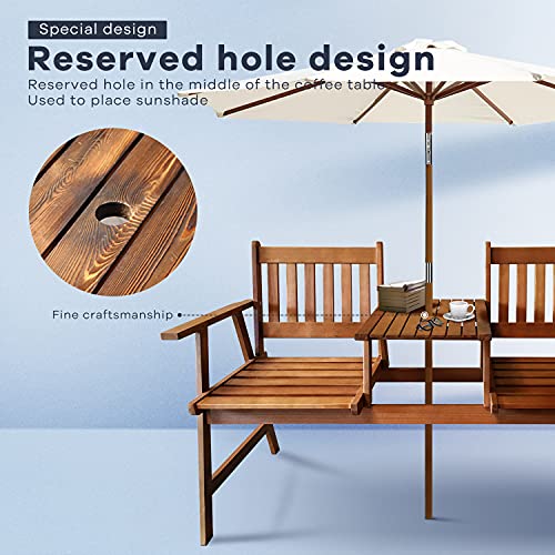 HCY Outdoor Bench, Garden Bench Patio 2 Person Chair Front Porch Decor Middle Table Conversation Sets with Umbrella Hole Backrest Armrests,for Outdoor, Park, Yard (Natural ,60 x 26x 34 Inches