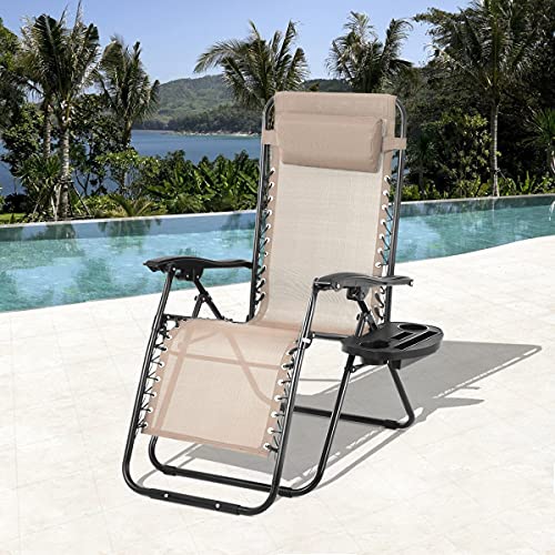 HHS Zero Gravity Chairs Beach Lounge Chairs for Outside Lawn Reclining Patio Camping Chair Adjustable Comfortable Outdoor Folding Chair with Cup Holder and Headrest, Tan, 37 x 26 x 43 inches