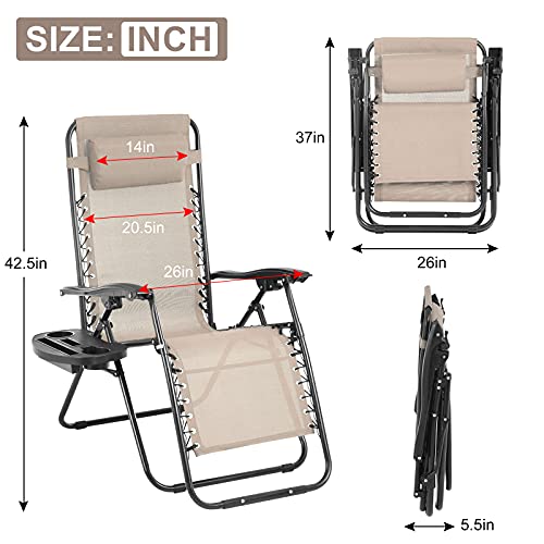 HHS Zero Gravity Chairs Beach Lounge Chairs for Outside Lawn Reclining Patio Camping Chair Adjustable Comfortable Outdoor Folding Chair with Cup Holder and Headrest, Tan, 37 x 26 x 43 inches