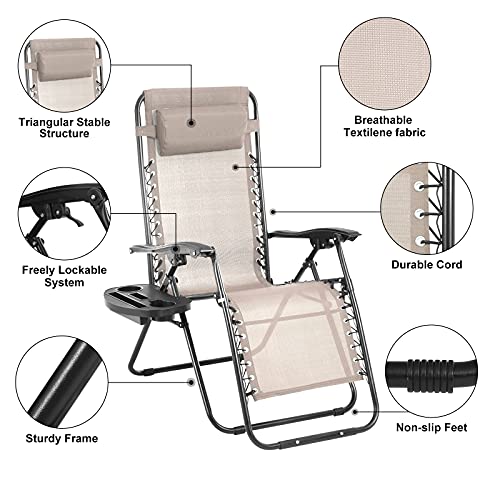 HHS Zero Gravity Chairs Beach Lounge Chairs for Outside Lawn Reclining Patio Camping Chair Adjustable Comfortable Outdoor Folding Chair with Cup Holder and Headrest, Tan, 37 x 26 x 43 inches