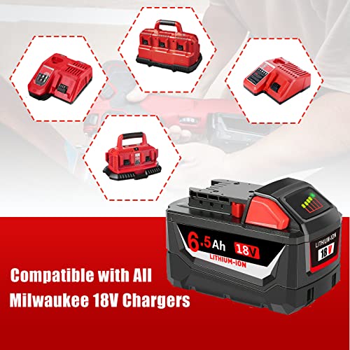 2-Pack 6.5Ah 18V M-18 Battery Replacement for Milwaukee M-18 Battery Compatible with Milwaukee 18V Battery 48-11-1862 48-11-1850 48-11-1840 48-11-1828 48-11-1820 48-11-1815 Cordless Tools Batteries