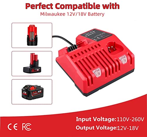 2 Packs 18V 6500mAh Replacement Battery and Charger Replacement for Milwaukee 18-Volt Li-ion Battery and M-18 Battery Charger