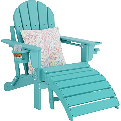 Sundale Outdoor All-Weather Adirondack Chair and Ottoman Set with 2 Concealable Cup Holders 1 Stylish Pillow 400 Capacity Perfect for Patio Garden Pool Yard, Plastic, Turquoise