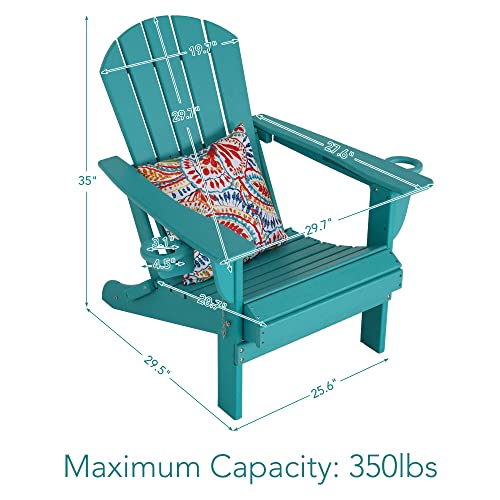 Sundale Outdoor All-Weather Adirondack Chair and Ottoman Set with 2 Concealable Cup Holders 1 Stylish Pillow 400 Capacity Perfect for Patio Garden Pool Yard, Plastic, Turquoise