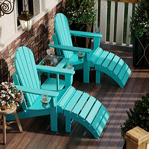 Sundale Outdoor All-Weather Adirondack Chair and Ottoman Set with 2 Concealable Cup Holders 1 Stylish Pillow 400 Capacity Perfect for Patio Garden Pool Yard, Plastic, Turquoise