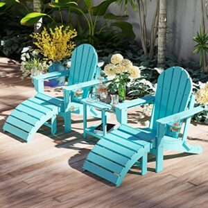 Sundale Outdoor All-Weather Adirondack Chair and Ottoman Set with 2 Concealable Cup Holders 1 Stylish Pillow 400 Capacity Perfect for Patio Garden Pool Yard, Plastic, Turquoise