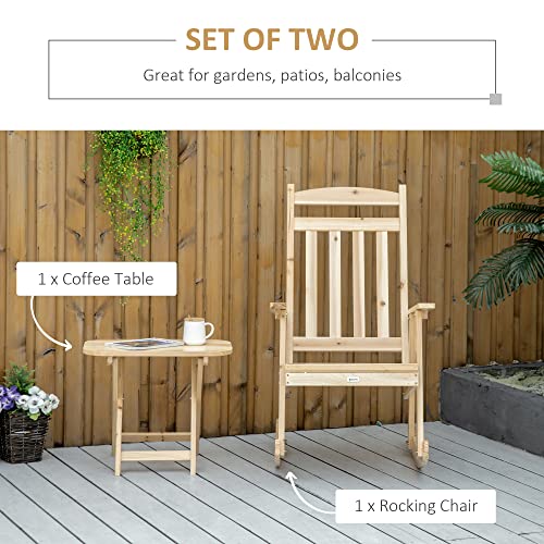 Outsunny 2 Piece Wooden Rocking Chair & Folding Outdoor Table Set, Front Porch Rocker with Armrests and High Back for Outside, Natural