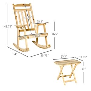 Outsunny 2 Piece Wooden Rocking Chair & Folding Outdoor Table Set, Front Porch Rocker with Armrests and High Back for Outside, Natural