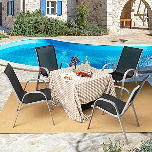 Giantex Set of 4 Patio Chairs, Outdoor Stackable Dining Chairs w/Armrests, 330 LBS Capacity, All Weather Fabric, Heavy Duty Rustproof Steel Frame, Lawn Chairs for Porch, Yard, Pool, Garden (Black)
