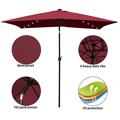 HENG FENG Rectangular Patio Umbrella with 26 LED Lights, 10x6.5FT Outdoor Table Market Umbrella with Push Button Tilt and Crank, Burgundy